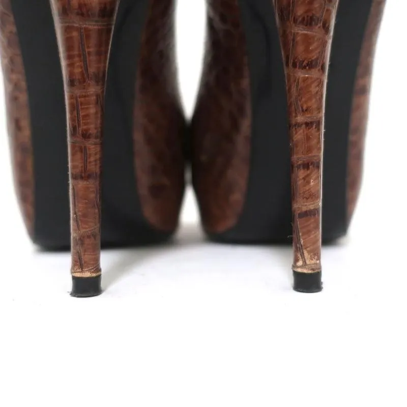 Barbara Bui Platform Pumps Brown Croc-Embossed Leather Size 37 Peep Toe Heels