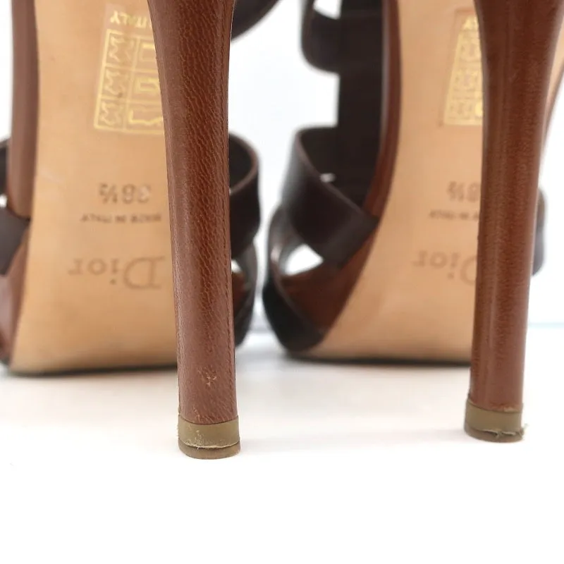 Christian Dior Platform Caged Sandals Brown Leather Size 38.5 Peep Toe Heels