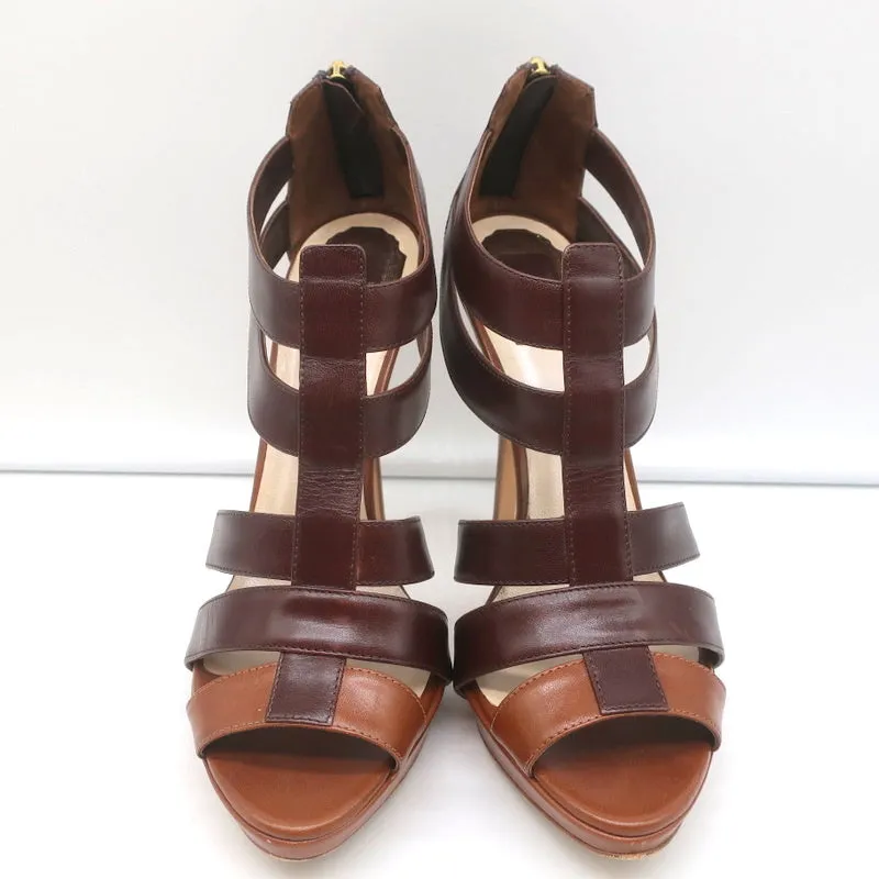 Christian Dior Platform Caged Sandals Brown Leather Size 38.5 Peep Toe Heels