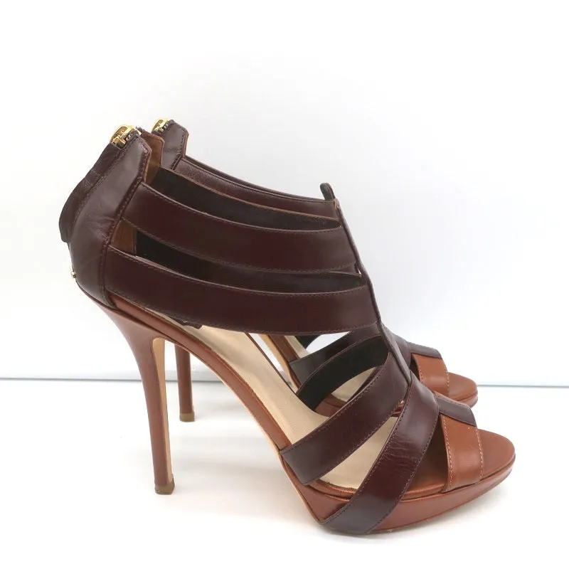 Christian Dior Platform Caged Sandals Brown Leather Size 38.5 Peep Toe Heels
