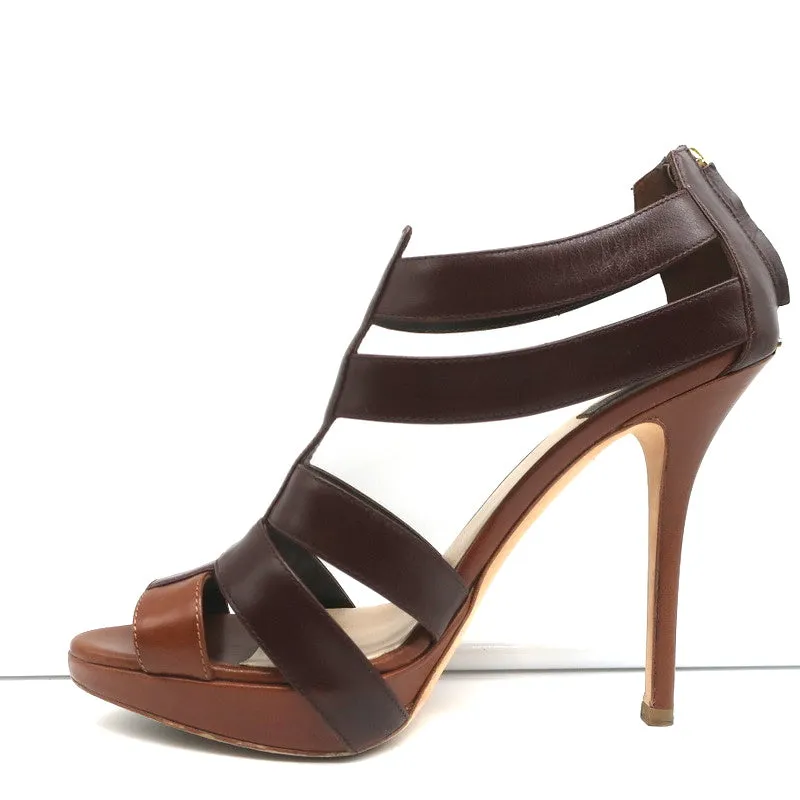 Christian Dior Platform Caged Sandals Brown Leather Size 38.5 Peep Toe Heels