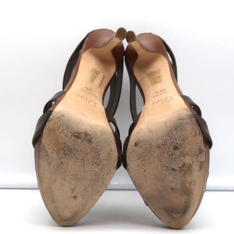 Christian Dior Platform Caged Sandals Brown Leather Size 38.5 Peep Toe Heels