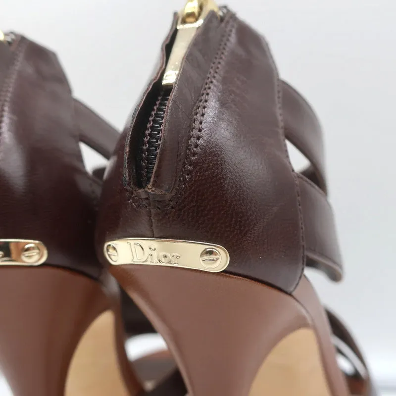 Christian Dior Platform Caged Sandals Brown Leather Size 38.5 Peep Toe Heels