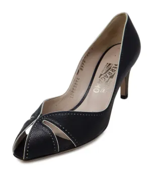 Ferragamo Black Leather White Trim Peep Toe Heels sz 7.5