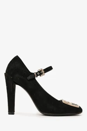 Louis Vuitton Black Suede Leather LV Plaque Mary Jane Heels Size 37 (As Is)