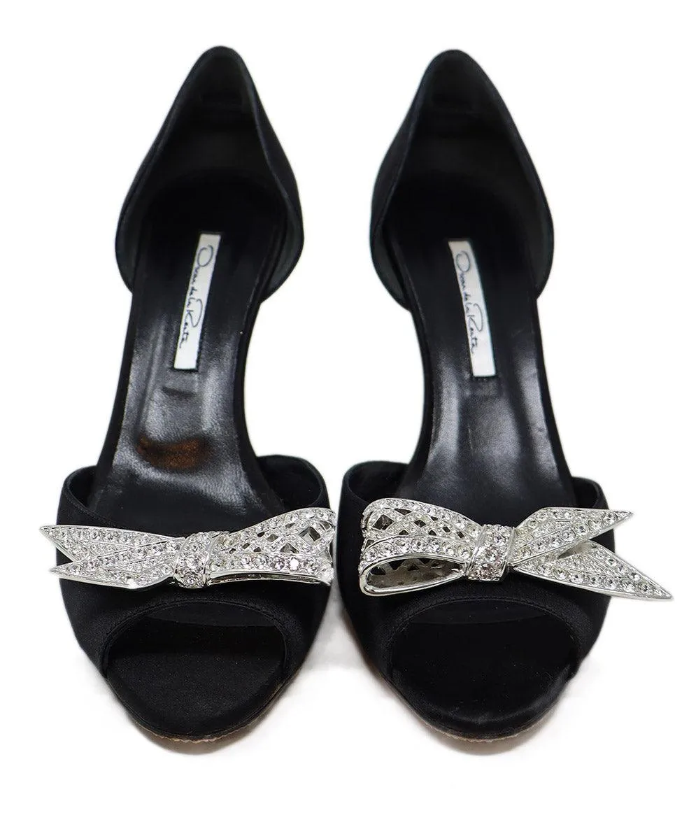 Oscar De La Renta Black Satin Rhinestone Heels sz 7.5